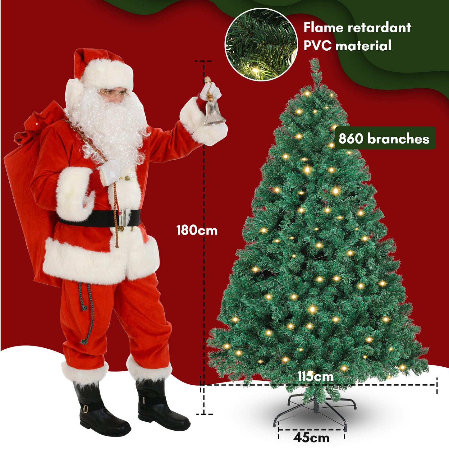 120 - 210 cm artificial PVC Christmas tree ( approx. 80 - 128cm) with 340 - 1200 tips - quick assembly folding system, flame retardant, fake Christmas tree incl. metal stand