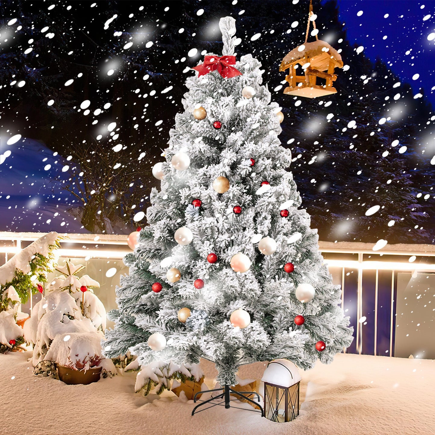 4/ 5/ 6FT Artificial Christmas tree with snow 120/150/180cm with metal stand and quick assembly folding system, fire-resistant fake Christmas tree with 340/ 550/ 860 tips, for indoor and outdoor use