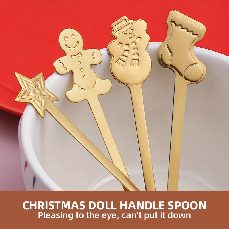 4pcs Stainless Steel Spoon Set with Festive Christmas Cartoon Graphics, Perfect for Holiday Party & Christmas Celebration, Kitchen & Dining Coffee Spoons, Home Decor