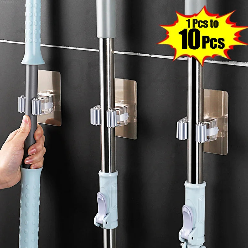 Versatile Adhesive Wall Hooks: Strong Multi-Purpose Mop & Broom Holder for Kitchen & Bathroom