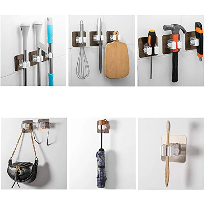 Versatile Adhesive Wall Hooks: Strong Multi-Purpose Mop & Broom Holder for Kitchen & Bathroom