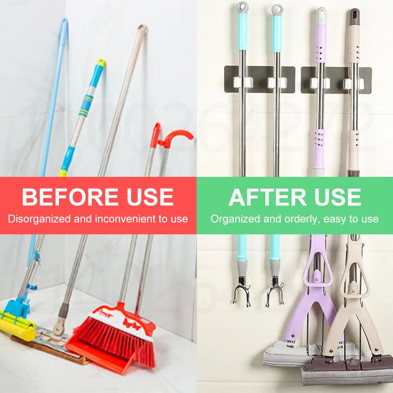 Versatile Adhesive Wall Hooks: Strong Multi-Purpose Mop & Broom Holder for Kitchen & Bathroom