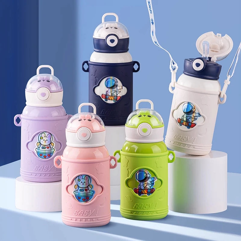 Children' Cartoon Straw Water Thermos Bottle Portable Sealed LeakProof Keep Warm Mug Stainless Steel Kids' Outdoor Thermal Cups