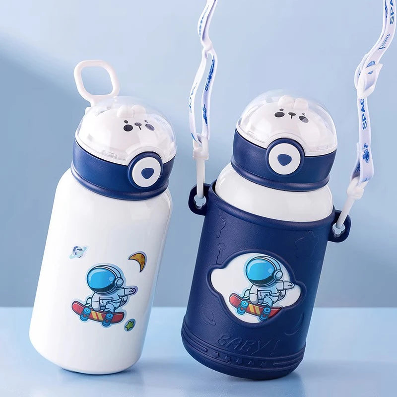 Children' Cartoon Straw Water Thermos Bottle Portable Sealed LeakProof Keep Warm Mug Stainless Steel Kids' Outdoor Thermal Cups