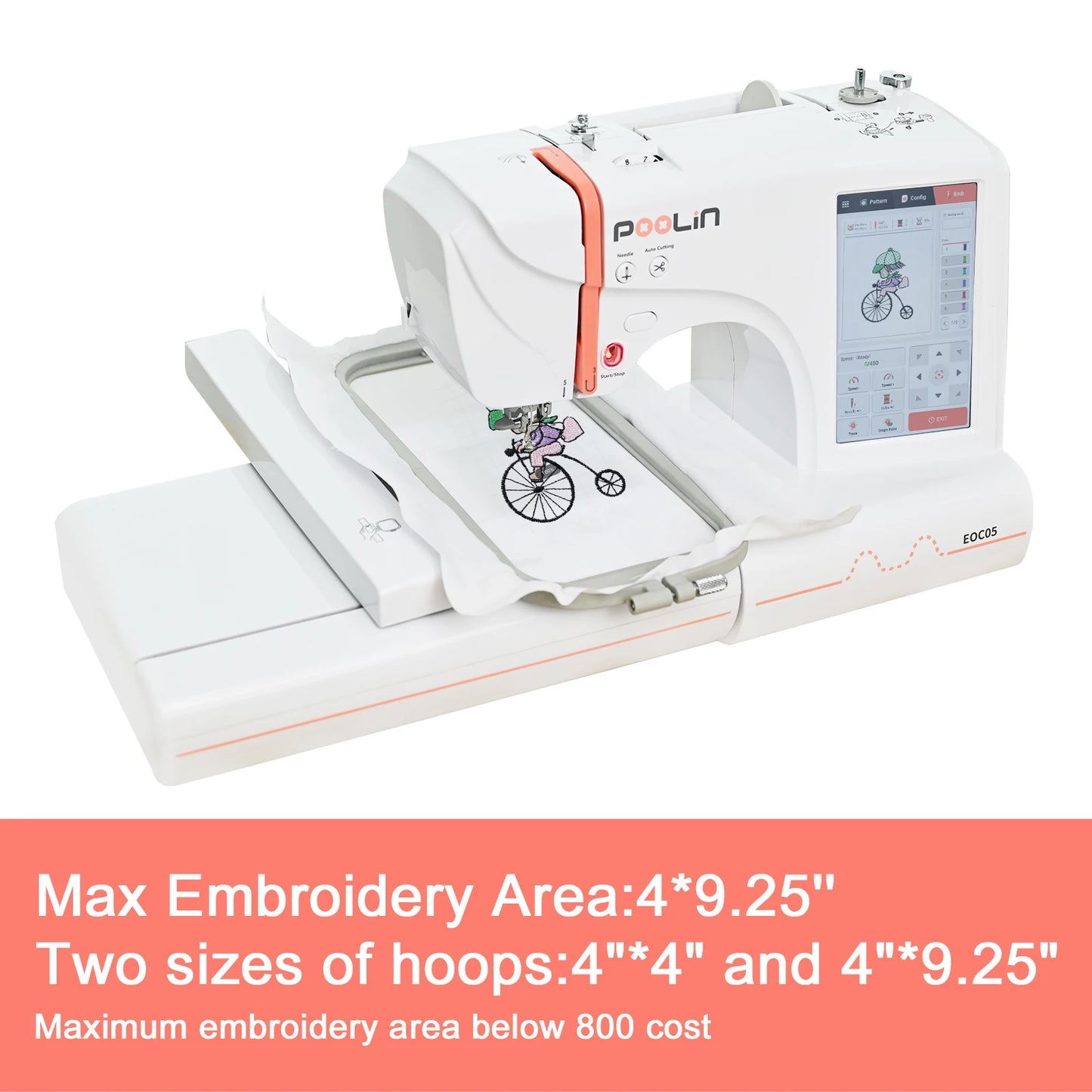 POOLIN Embroidery Machine 4" x 9.2" Area Household For Clothing Computerized Machine Include Threads&Tear Away Stabilizer&Bobbin