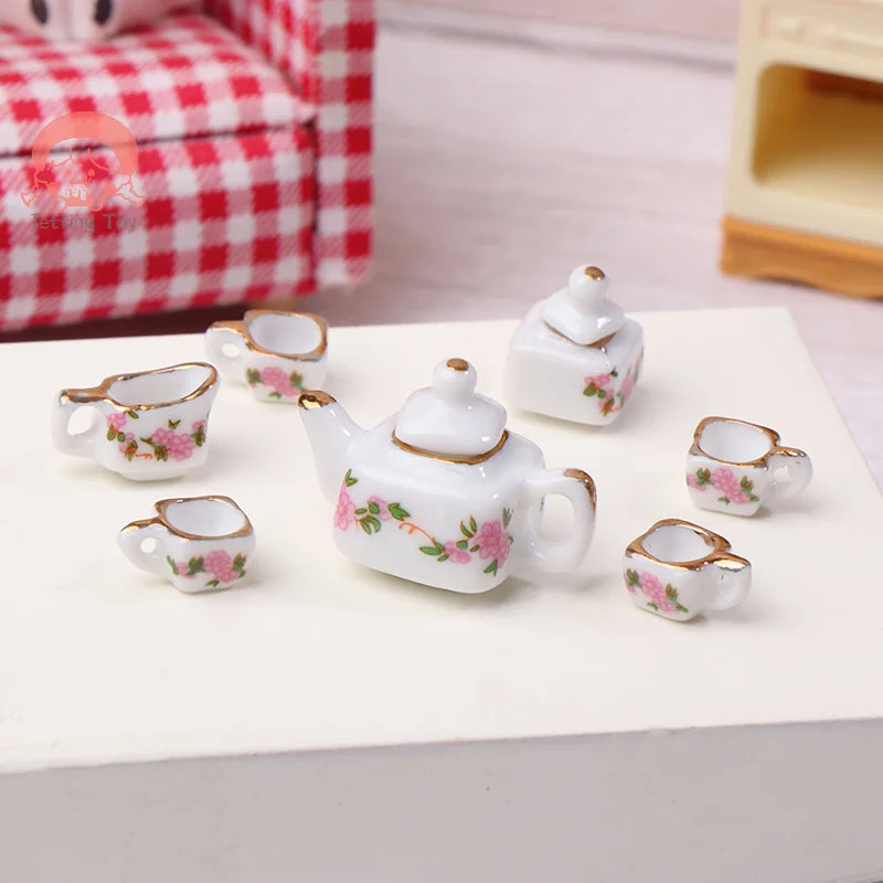 1Set 1:12 Dollhouse Miniature Ceramics Teapot Tea Set Mini Ceramic Kungfu Tea Set Kettle Cup Tableware Model Kitchen Decor Toys