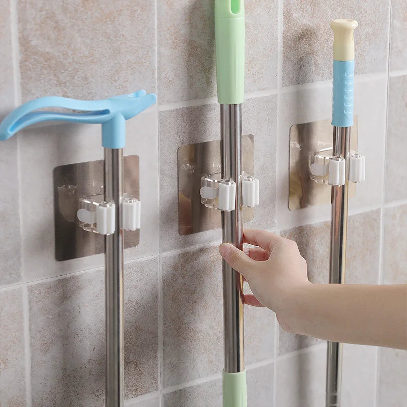 Versatile Adhesive Wall Hooks: Strong Multi-Purpose Mop & Broom Holder for Kitchen & Bathroom