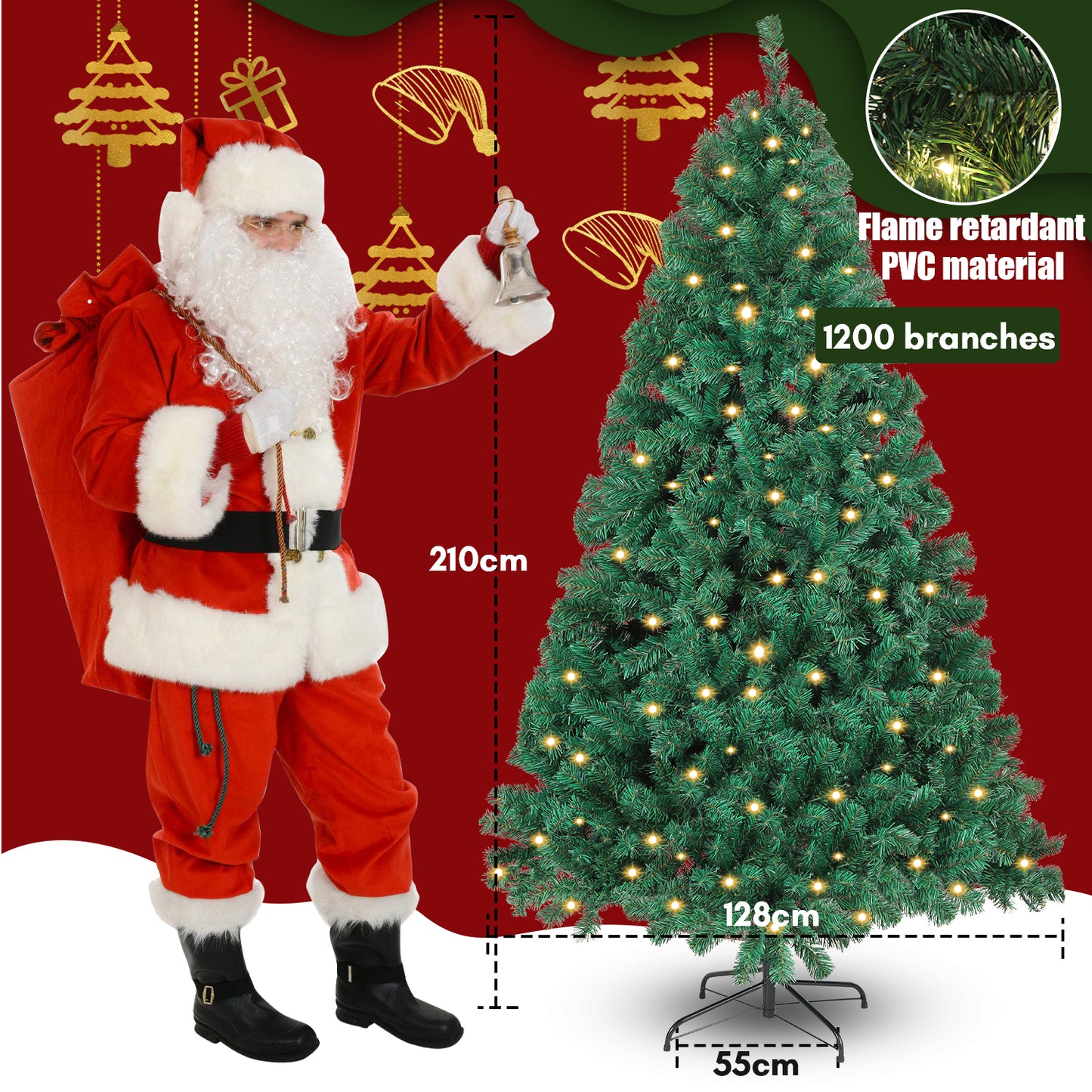 120 - 210 cm artificial PVC Christmas tree ( approx. 80 - 128cm) with 340 - 1200 tips - quick assembly folding system, flame retardant, fake Christmas tree incl. metal stand